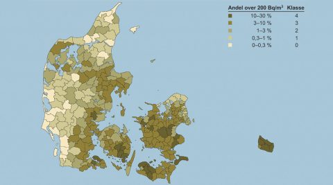 Danmarkskort med radonforekomster